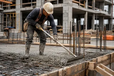 Betonwerker trekt een verse betonvloer glad tussen de wapening
